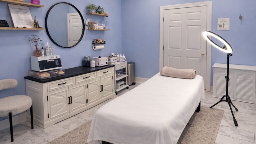Professional waxing treatment room at Ithaca Wax & Beauty Therapy in Ithaca NY featuring a clean treatment bed, soft lighting, and organized waxing setup