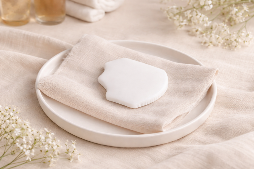 White Jade Gua Sha Board by Dr. Ping Zhang used for professional facial treatments at Ithaca Wax & Beauty Therapy