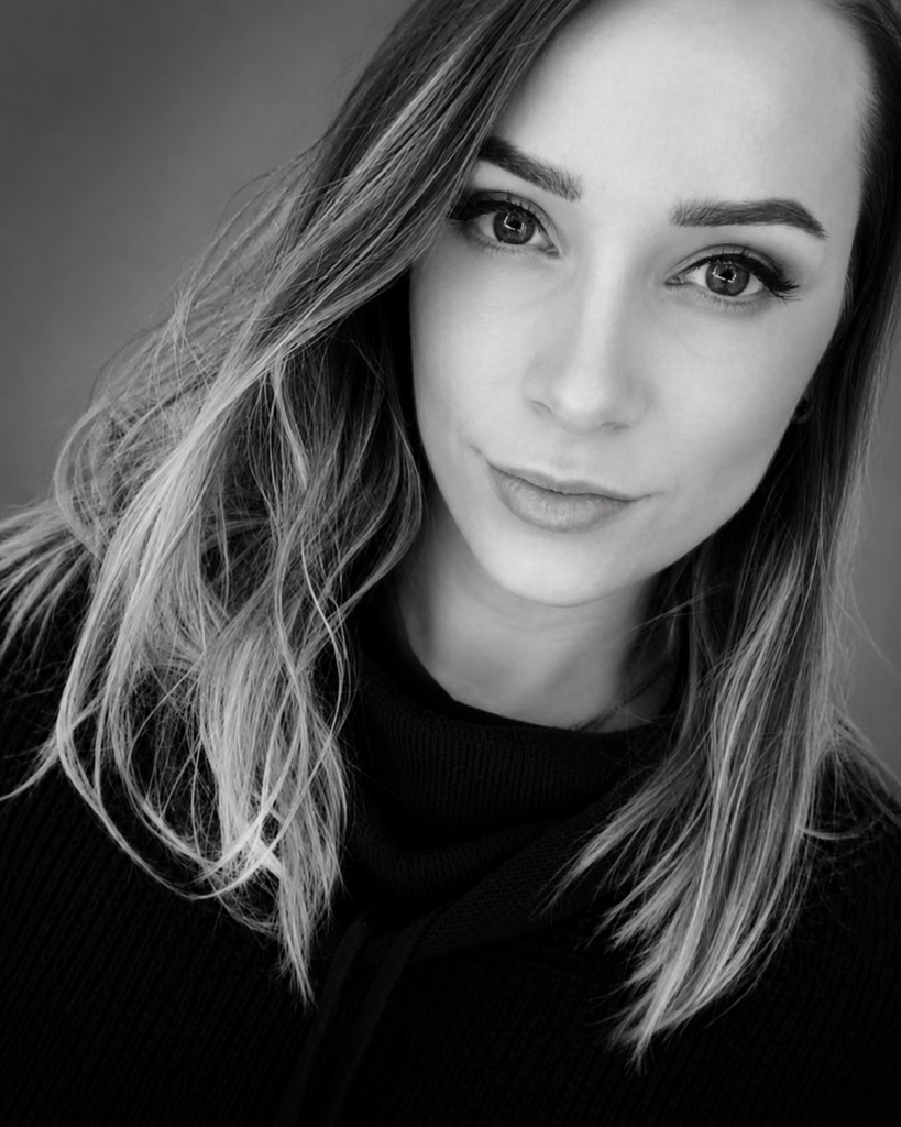 Frederika Spesova in a black-and-white editorial beauty portrait.
